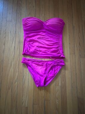 La Blanca Strapless Ruched Tankini Set in Hot Pink